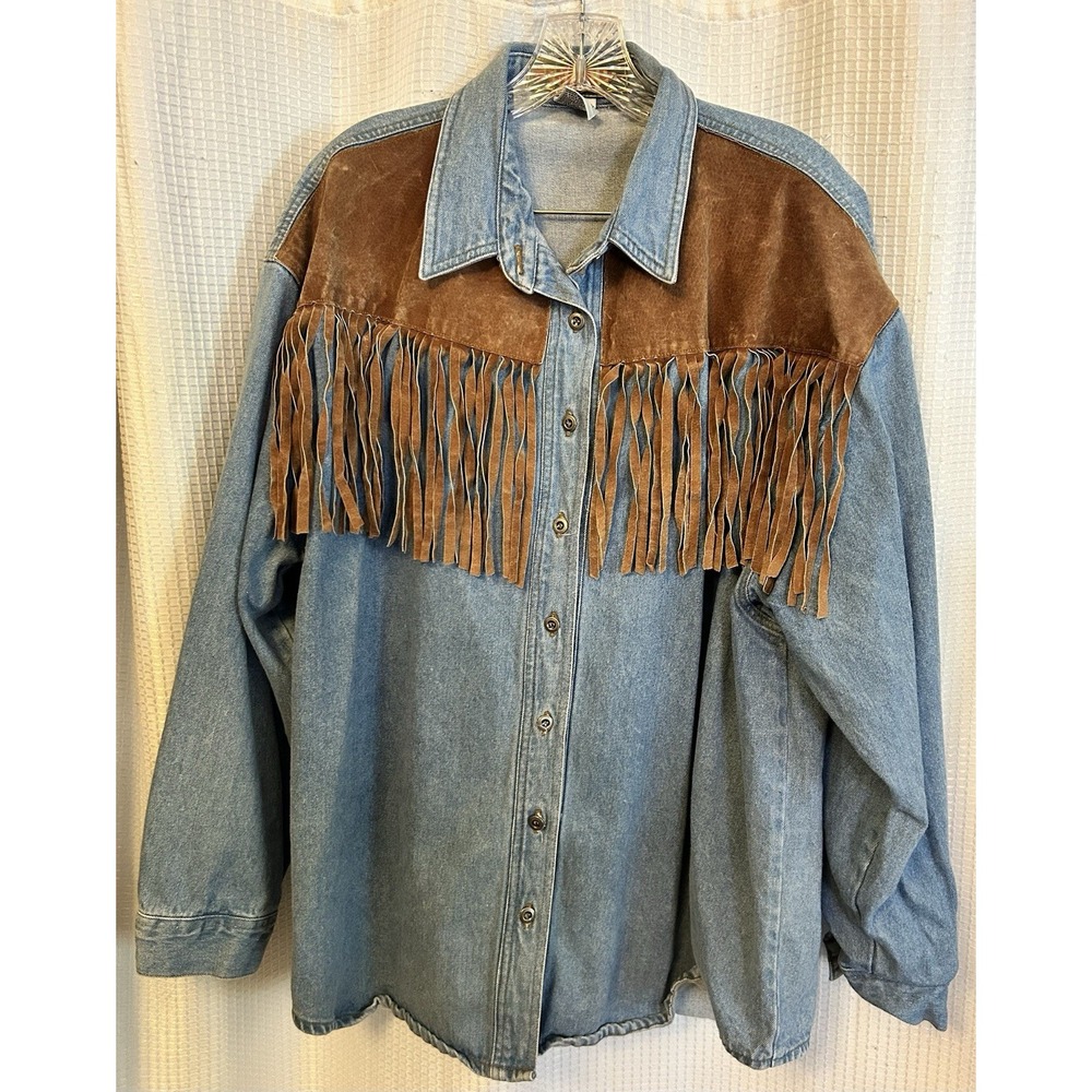 VTG Seruchi Denim & Suede Fringe Button Up Shirt Womens 24 Western Boho Hippie